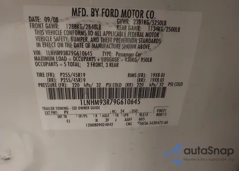 2009 Lincoln Mks из США, поврежденный, VIN 1LNHM93R79G610645